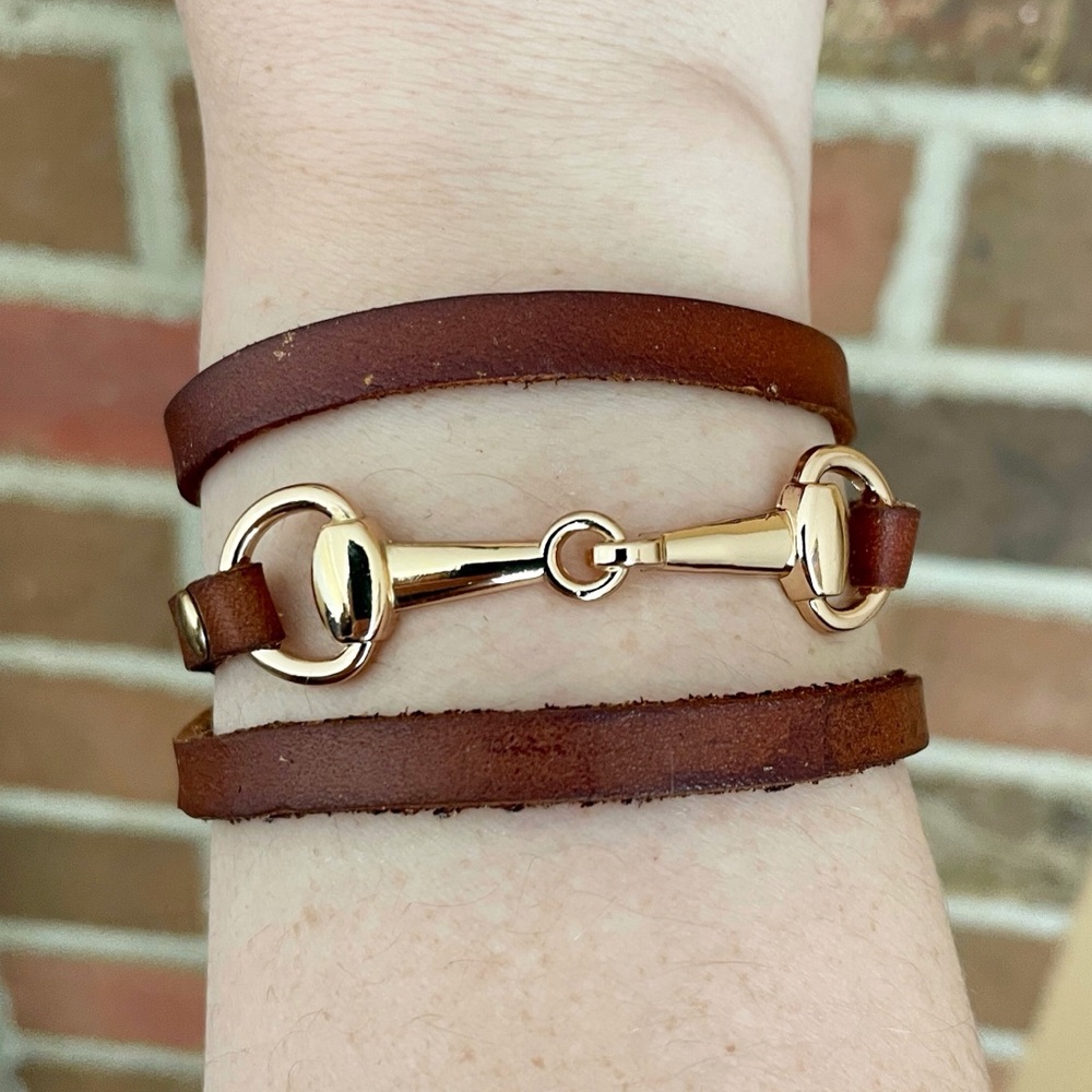 Snaffle Bit Wrap Bracelet with Brown Genuine Leather - Gold